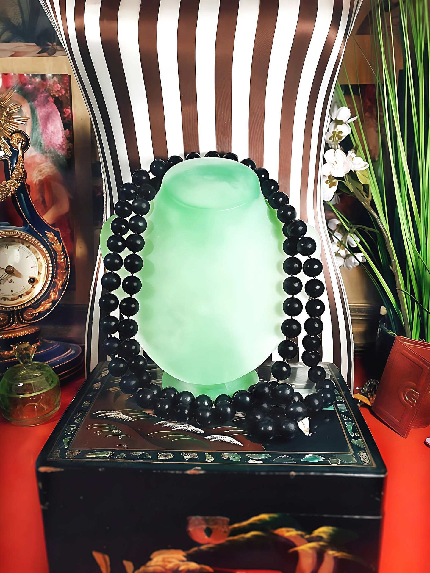 Vintage 1960s Black Glass Bead Necklace Mod Retro Long