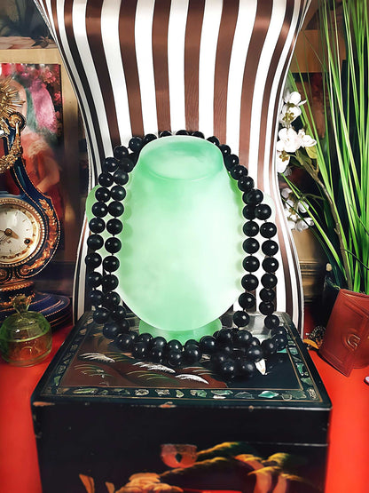 Vintage 1960s Black Glass Bead Necklace Mod Retro Long