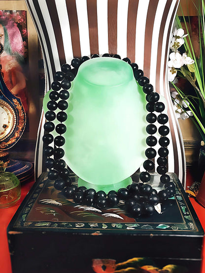 Vintage 1960s Black Glass Bead Necklace Mod Retro Long