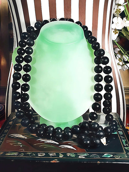 Vintage 1960s Black Glass Bead Necklace Mod Retro Long