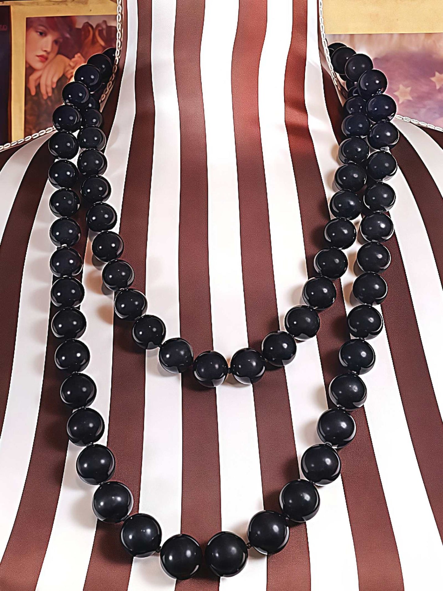 Vintage 1960s Black Glass Bead Necklace Mod Retro Long