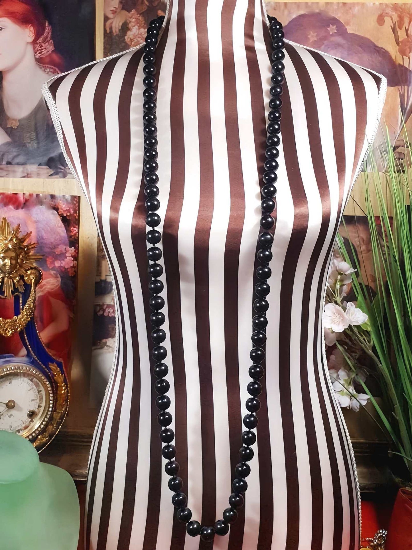 Vintage 1960s Black Glass Bead Necklace Mod Retro Long