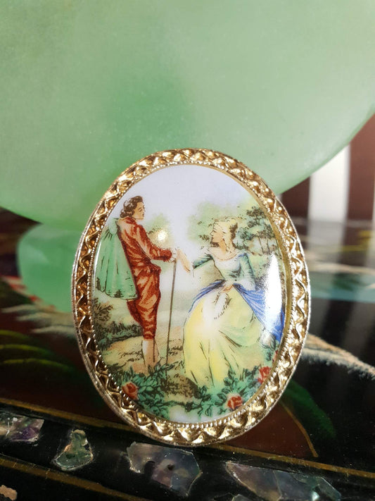 Vintage 1960s Courting Couple Brooch Porcelain Oval