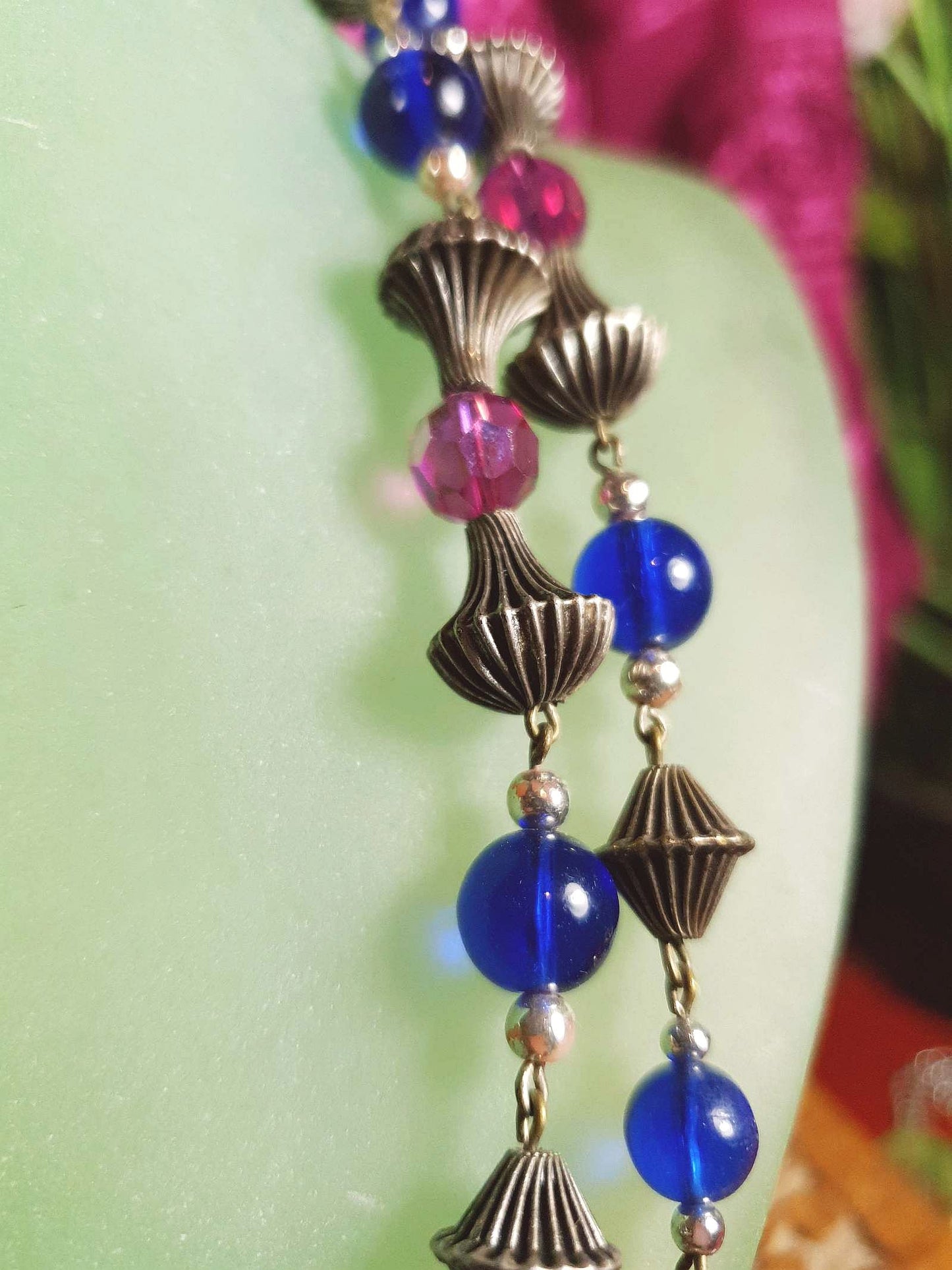 Vintage 1960s Boho Bead Necklace 38" Pink Blue Aurora Borealis AB Bohemian
