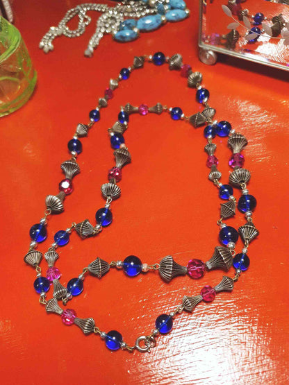 Vintage 1960s Boho Bead Necklace 38" Pink Blue Aurora Borealis AB Bohemian