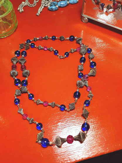Vintage 1960s Boho Bead Necklace 38" Pink Blue Aurora Borealis AB Bohemian