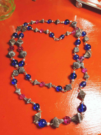 Vintage 1960s Boho Bead Necklace 38" Pink Blue Aurora Borealis AB Bohemian