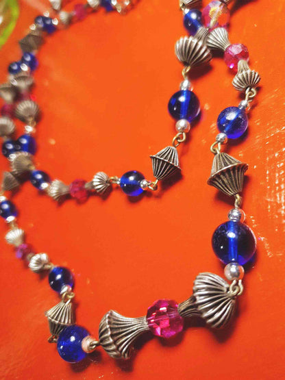 Vintage 1960s Boho Bead Necklace 38" Pink Blue Aurora Borealis AB Bohemian