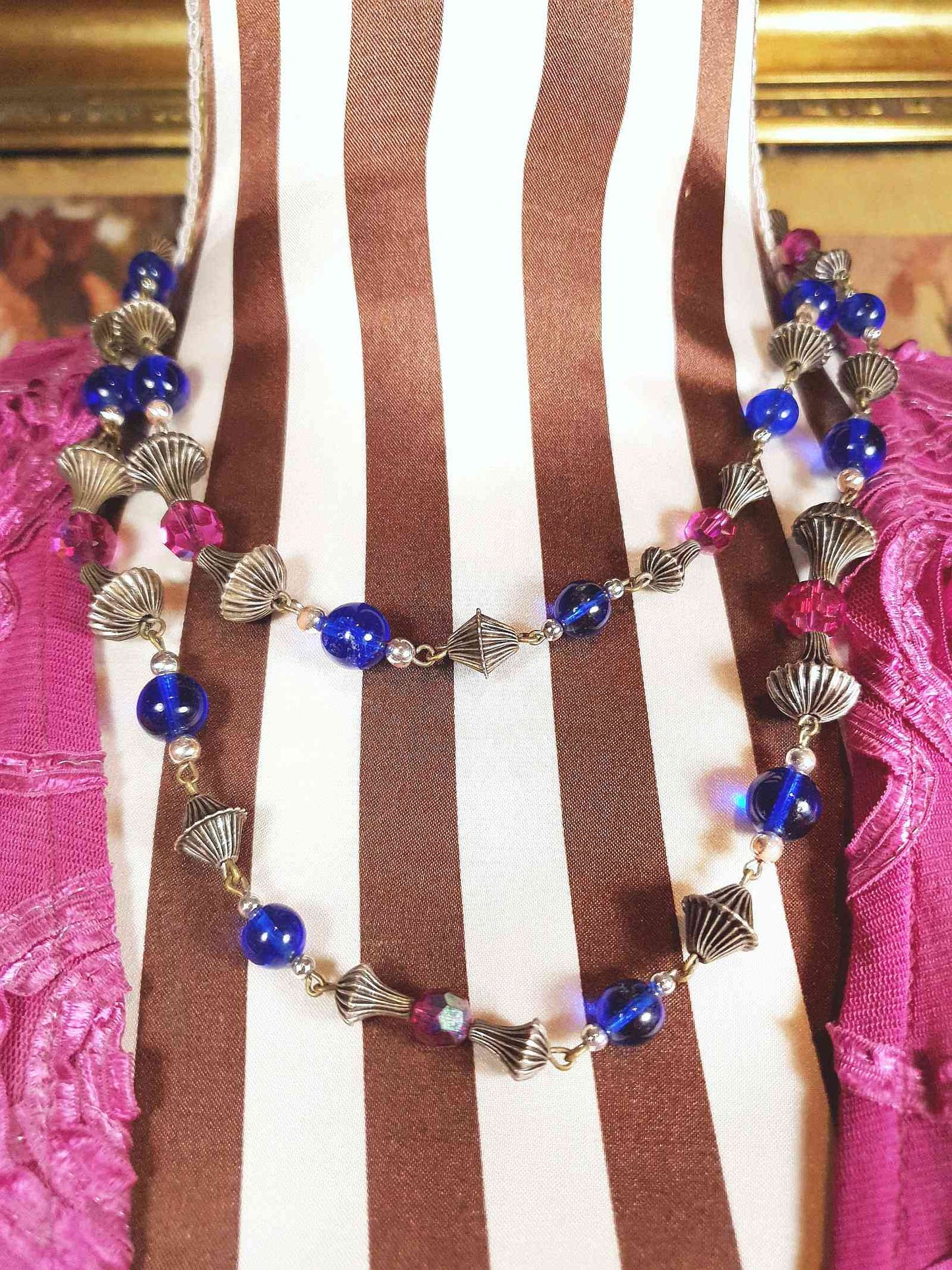 Vintage 1960s Boho Bead Necklace 38" Pink Blue Aurora Borealis AB Bohemian