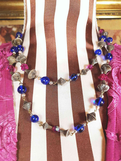 Vintage 1960s Boho Bead Necklace 38" Pink Blue Aurora Borealis AB Bohemian