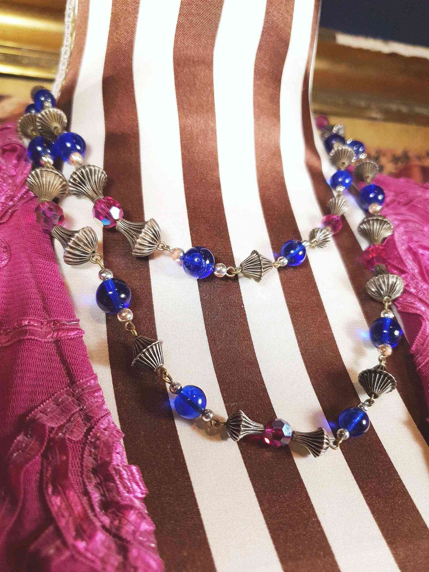 Vintage 1960s Boho Bead Necklace 38" Pink Blue Aurora Borealis AB Bohemian