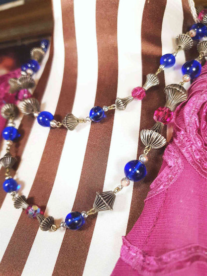 Vintage 1960s Boho Bead Necklace 38" Pink Blue Aurora Borealis AB Bohemian
