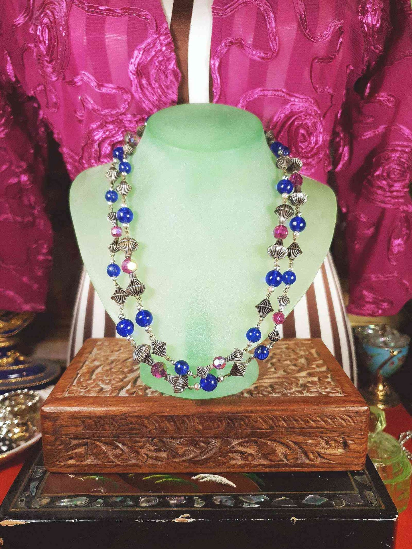 Vintage 1960s Boho Bead Necklace 38" Pink Blue Aurora Borealis AB Bohemian