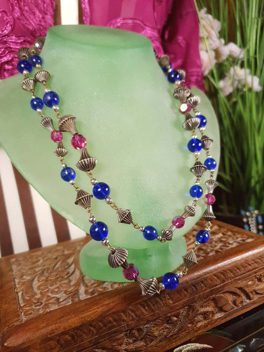 Vintage 1960s Boho Bead Necklace 38" Pink Blue Aurora Borealis AB Bohemian