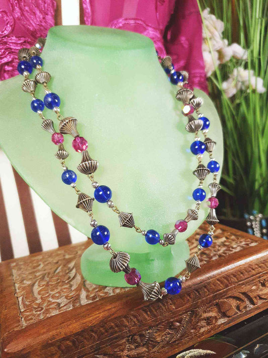 Vintage 1960s Boho Bead Necklace 38" Pink Blue Aurora Borealis AB Bohemian