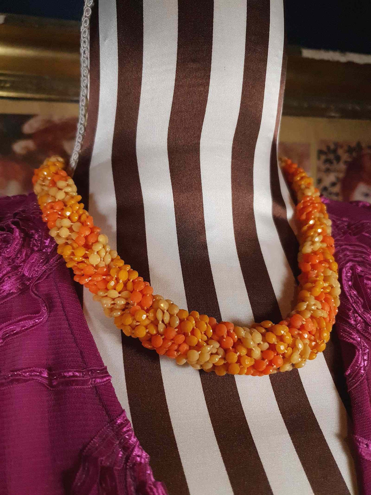 Vintage 1960s Orange Bead Necklace Choker Retro Hong Kong Signed