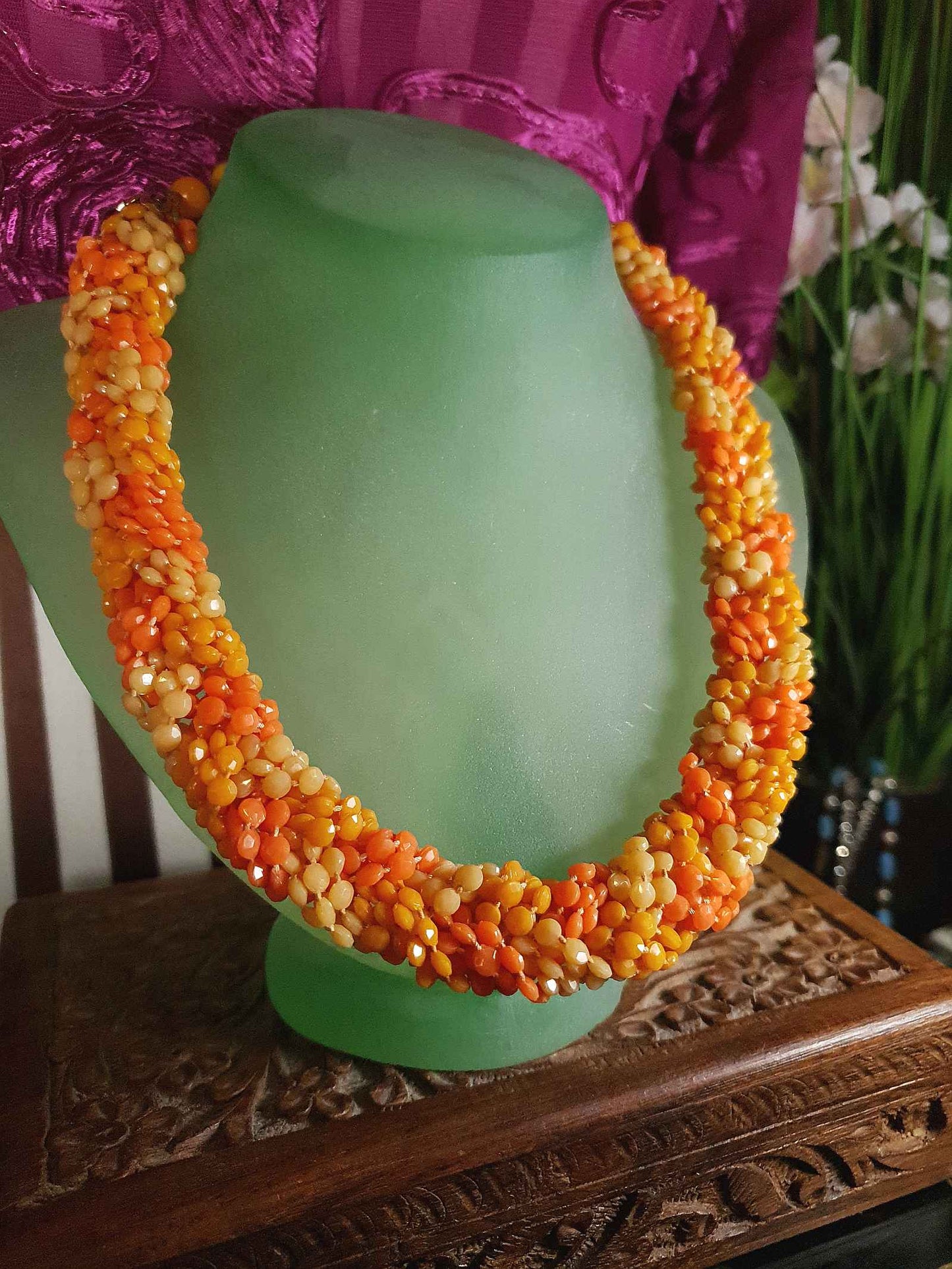 Vintage 1960s Orange Bead Necklace Choker Retro Hong Kong Signed