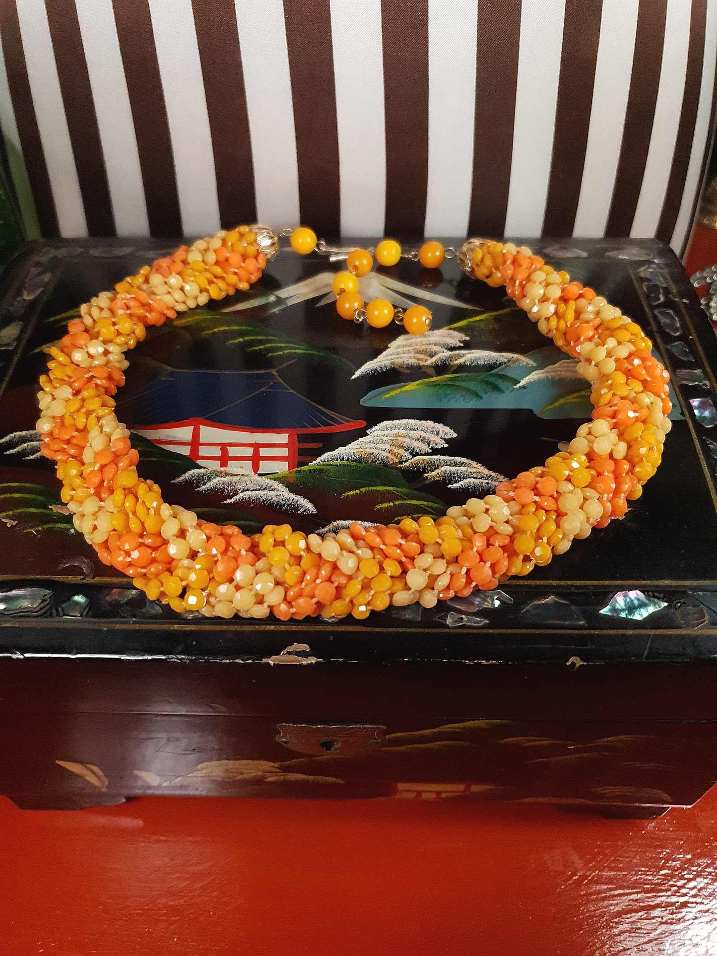 Vintage 1960s Orange Bead Necklace Choker Retro Hong Kong Signed