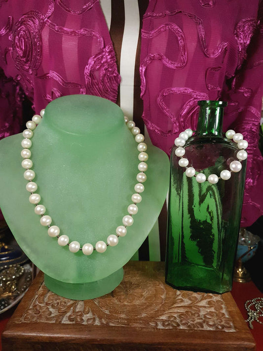 Vintage 1960s Pearl Set Demi Parure Cream Pearls Necklace Bracelet Sterling Silver