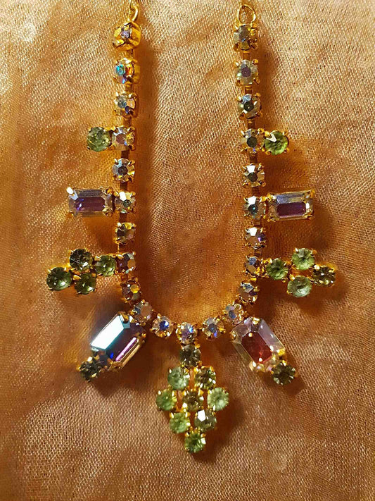 Gorgeous 1960s Vintage Aurora Borealis and Green Rhinestone Necklace