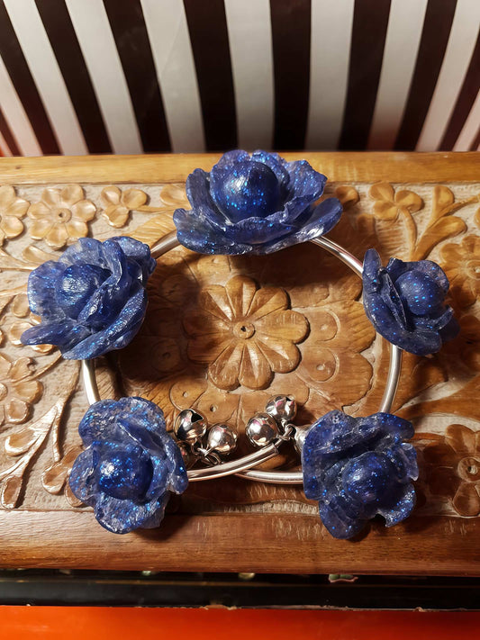 Vintage 1970s Carved Rose Bracelet Charm Bangle Blue Bells Boho Floral Flower