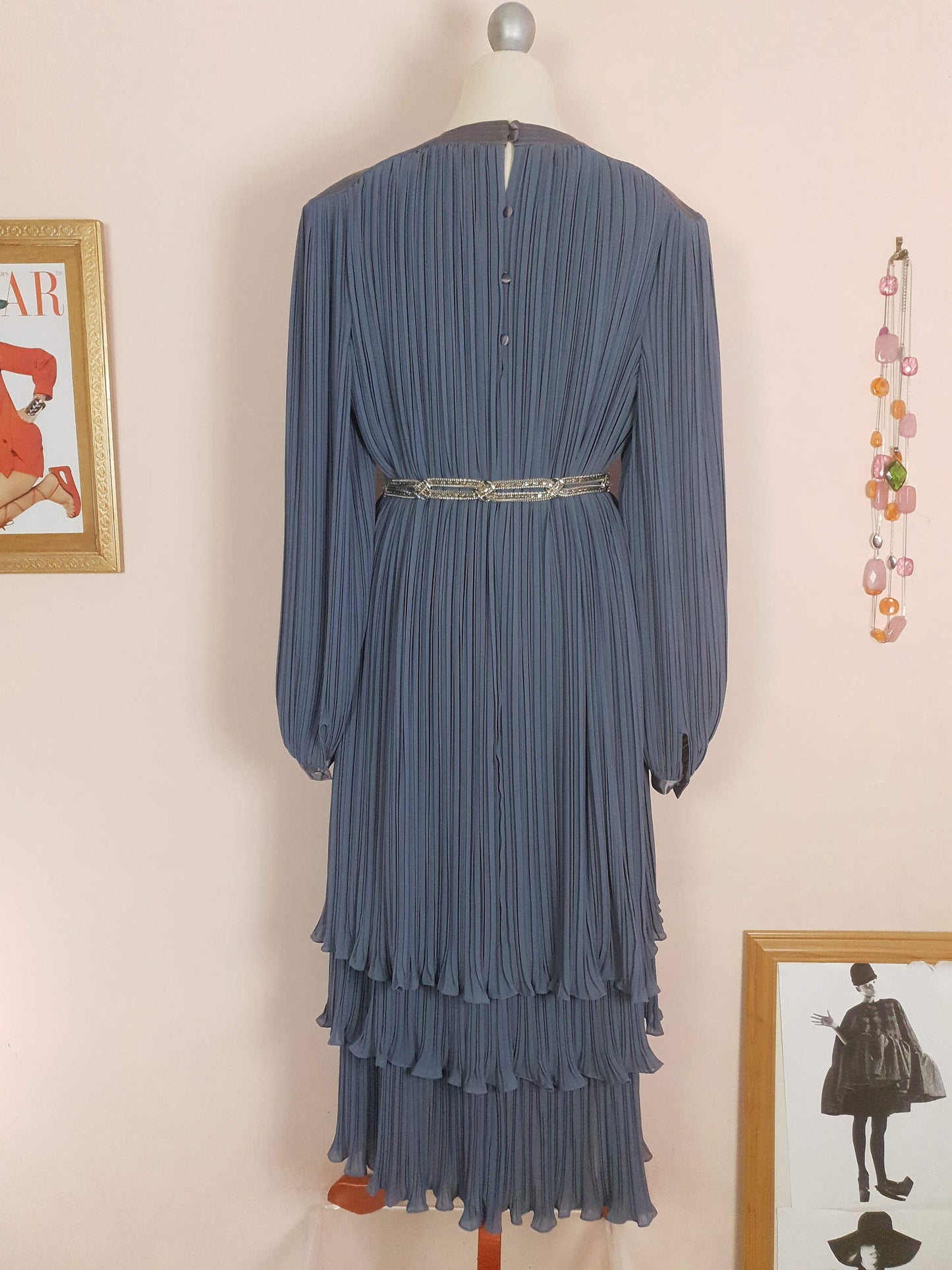 Vintage Grey Pleat Dress Parigi 1970s Chiffon Evening Party - Size 12 Midi