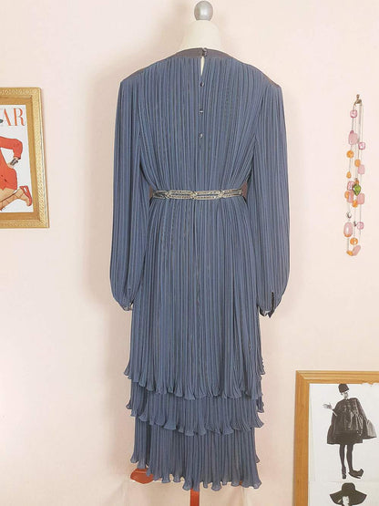 Vintage 1970s Grey Pleat Dress Parigi Chiffon Evening Party - Size 12 Midi