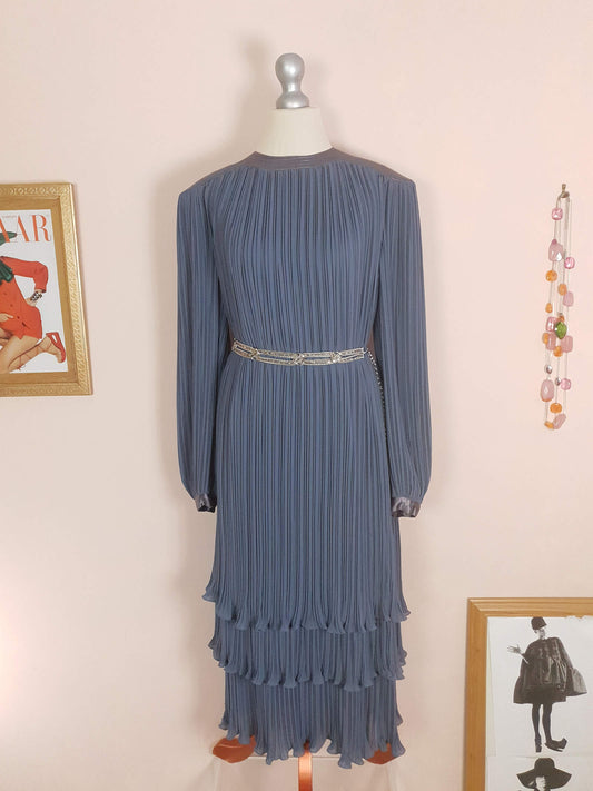 Vintage Grey Pleat Dress Parigi 1970s Chiffon Evening Party - Size 12 Midi