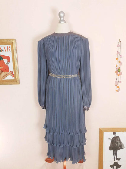 Vintage 1970s Grey Pleat Dress Parigi Chiffon Evening Party - Size 12 Midi