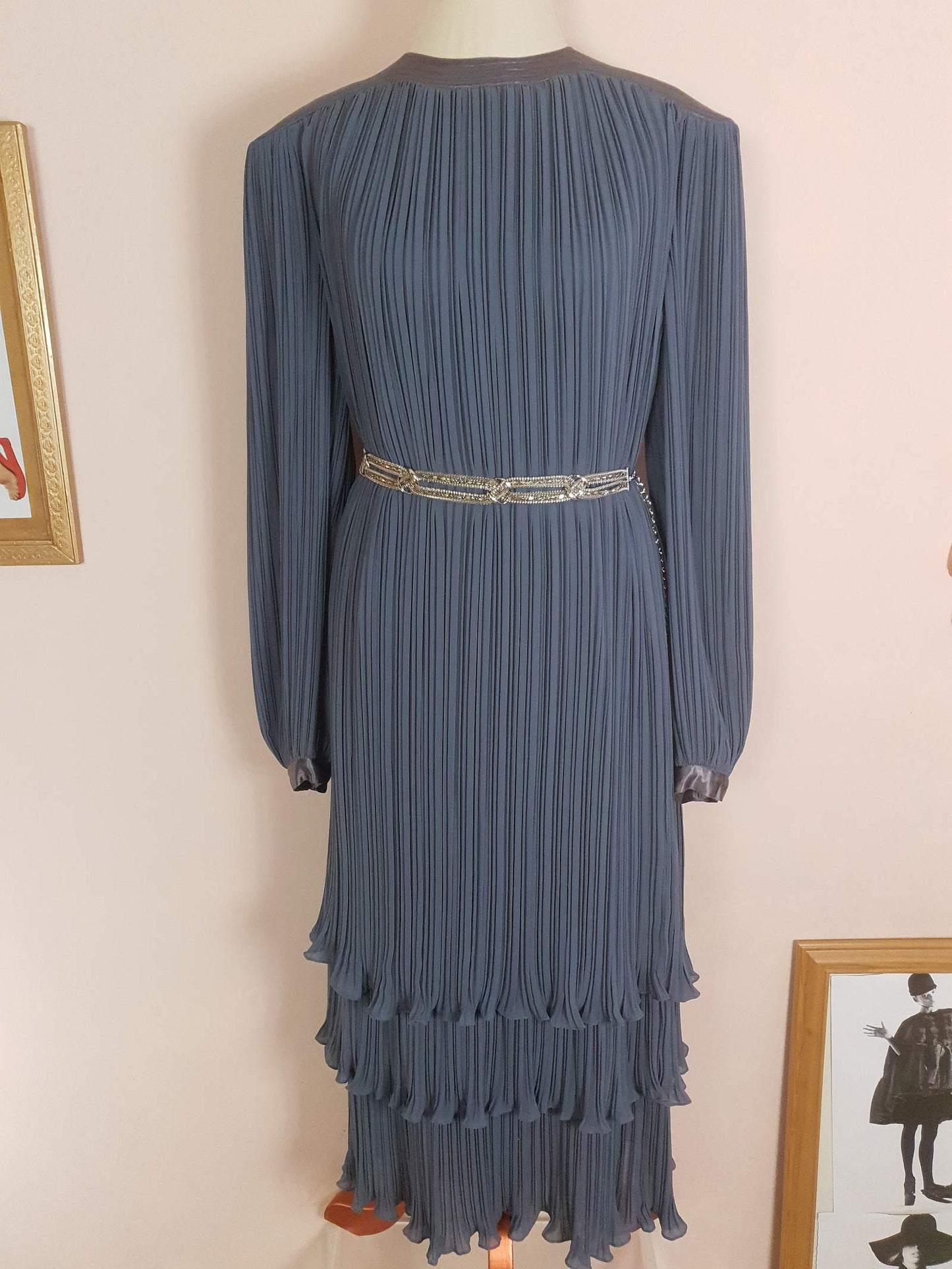 Vintage Grey Pleat Dress Parigi 1970s Chiffon Evening Party - Size 12 Midi