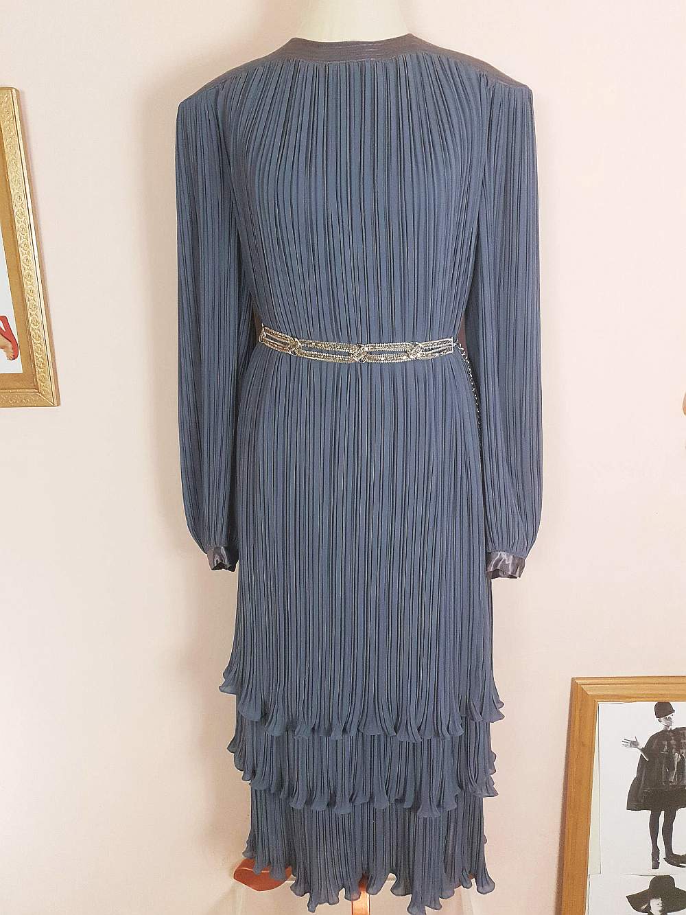 Vintage 1970s Grey Pleat Dress Parigi Chiffon Evening Party - Size 12 Midi