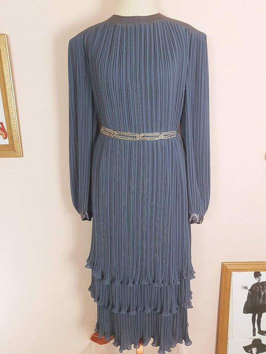 Vintage 1970s Grey Pleat Dress Parigi Chiffon Evening Party - Size 12 Midi