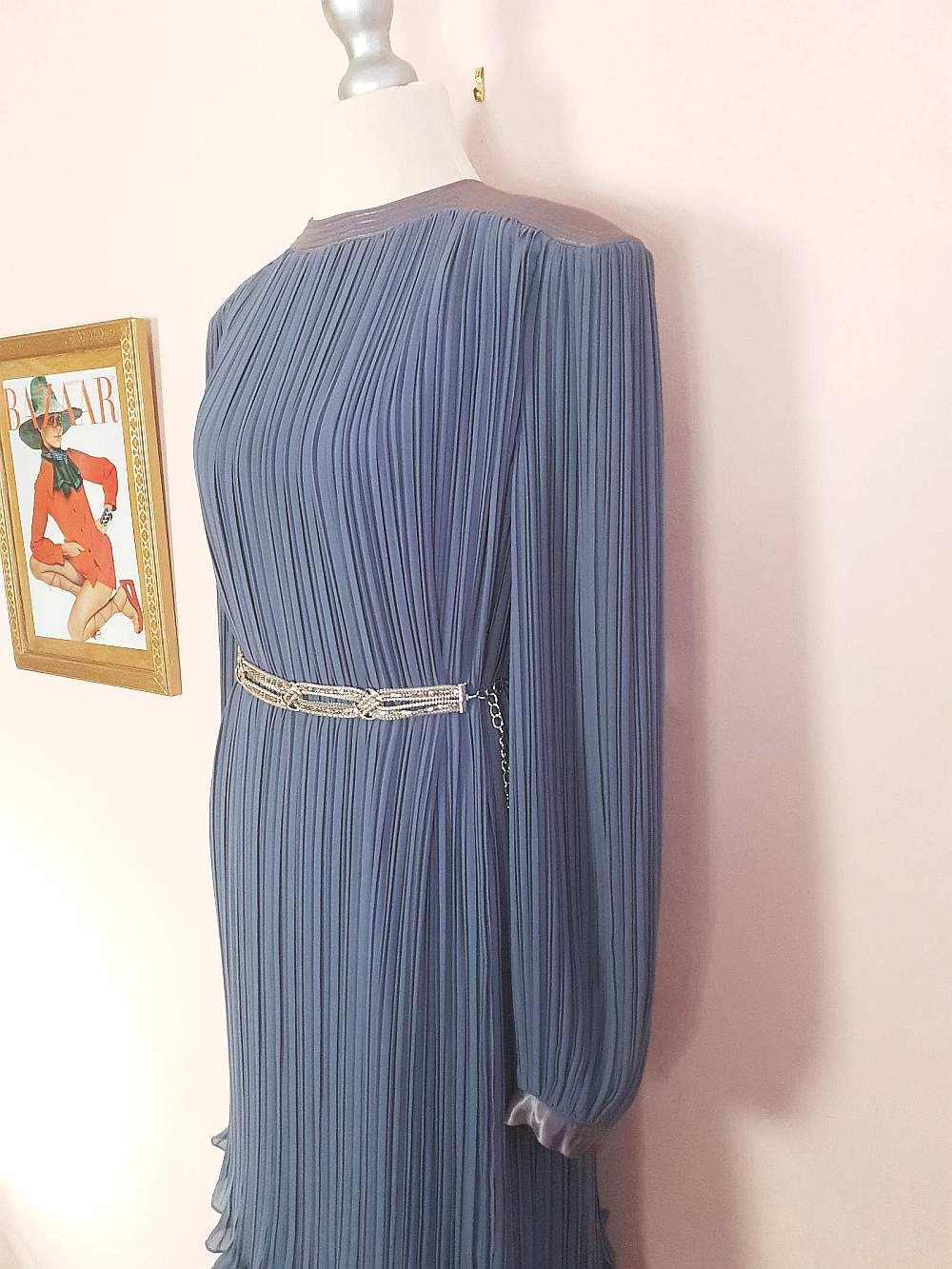 Vintage 1970s Grey Pleat Dress Parigi Chiffon Evening Party - Size 12 Midi