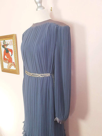 Vintage 1970s Grey Pleat Dress Parigi Chiffon Evening Party - Size 12 Midi