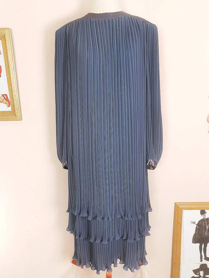 Vintage 1970s Grey Pleat Dress Parigi Chiffon Evening Party - Size 12 Midi