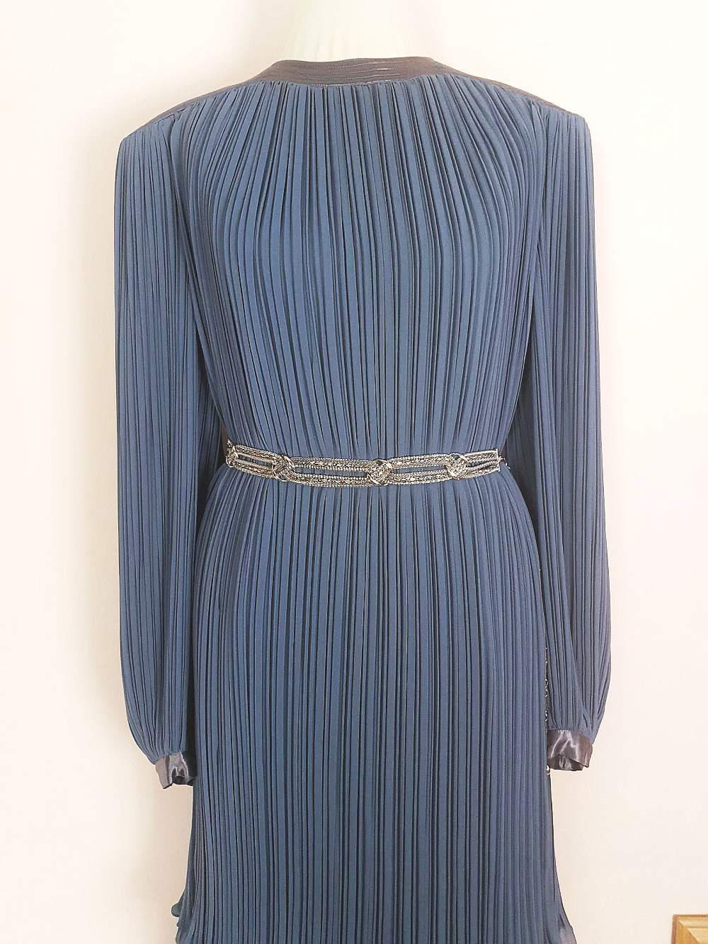 Vintage 1970s Grey Pleat Dress Parigi Chiffon Evening Party - Size 12 Midi