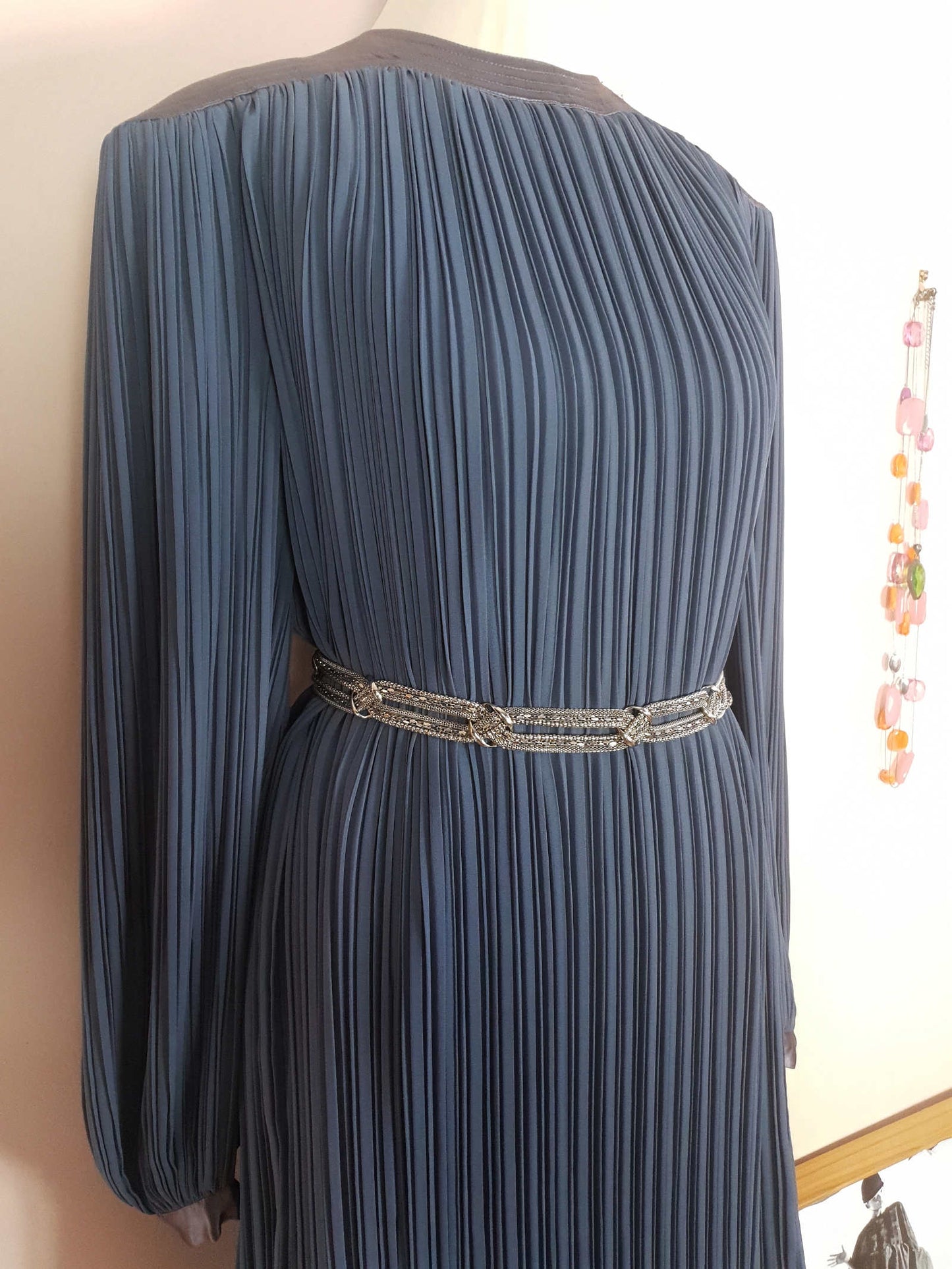 Vintage Grey Pleat Dress Parigi 1970s Chiffon Evening Party - Size 12 Midi