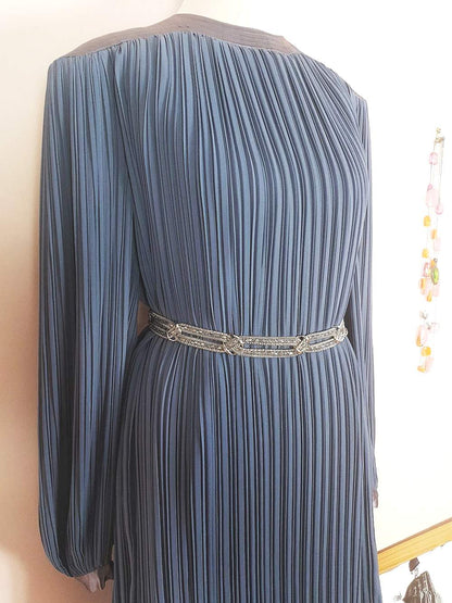 Vintage 1970s Grey Pleat Dress Parigi Chiffon Evening Party - Size 12 Midi