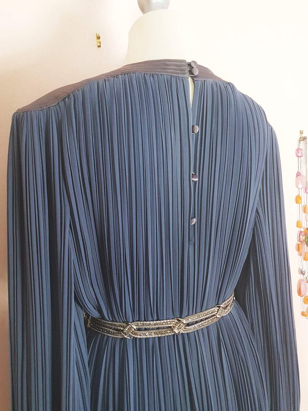 Vintage 1970s Grey Pleat Dress Parigi Chiffon Evening Party - Size 12 Midi