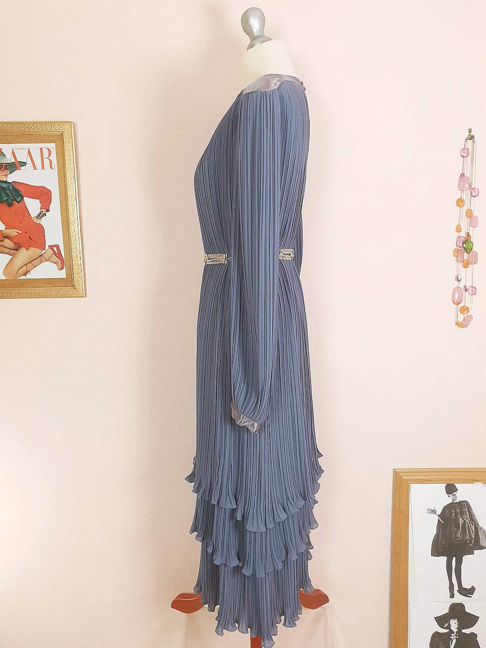 Vintage 1970s Grey Pleat Dress Parigi Chiffon Evening Party - Size 12 Midi