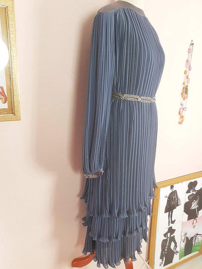 Vintage 1970s Grey Pleat Dress Parigi Chiffon Evening Party - Size 12 Midi