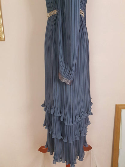 Vintage Grey Pleat Dress Parigi 1970s Chiffon Evening Party - Size 12 Midi