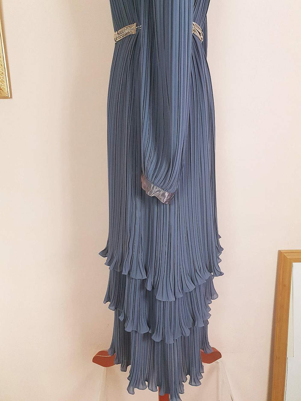 Vintage 1970s Grey Pleat Dress Parigi Chiffon Evening Party - Size 12 Midi