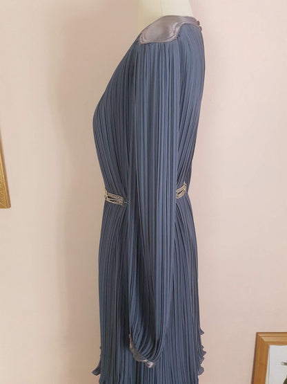 Vintage Grey Pleat Dress Parigi 1970s Chiffon Evening Party - Size 12 Midi