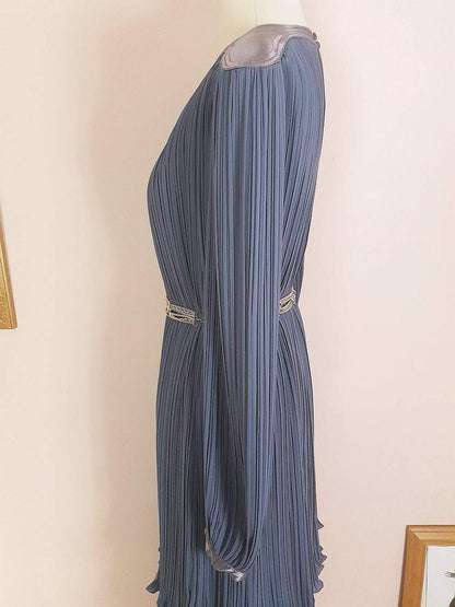 Vintage 1970s Grey Pleat Dress Parigi Chiffon Evening Party - Size 12 Midi