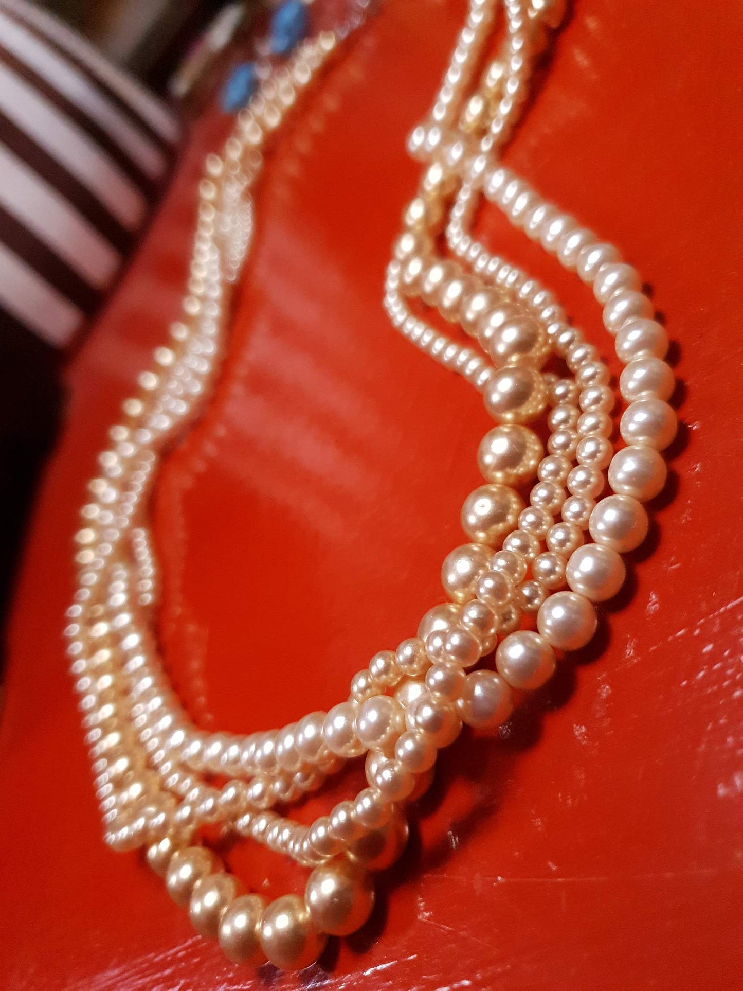Vintage 1970s Faux Pearl Necklace 24" Peach Four Strand Pearls