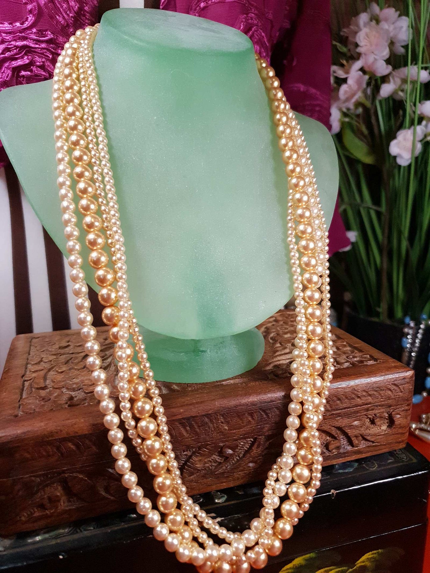 Vintage 1970s Faux Pearl Necklace 24" Peach Four Strand Pearls