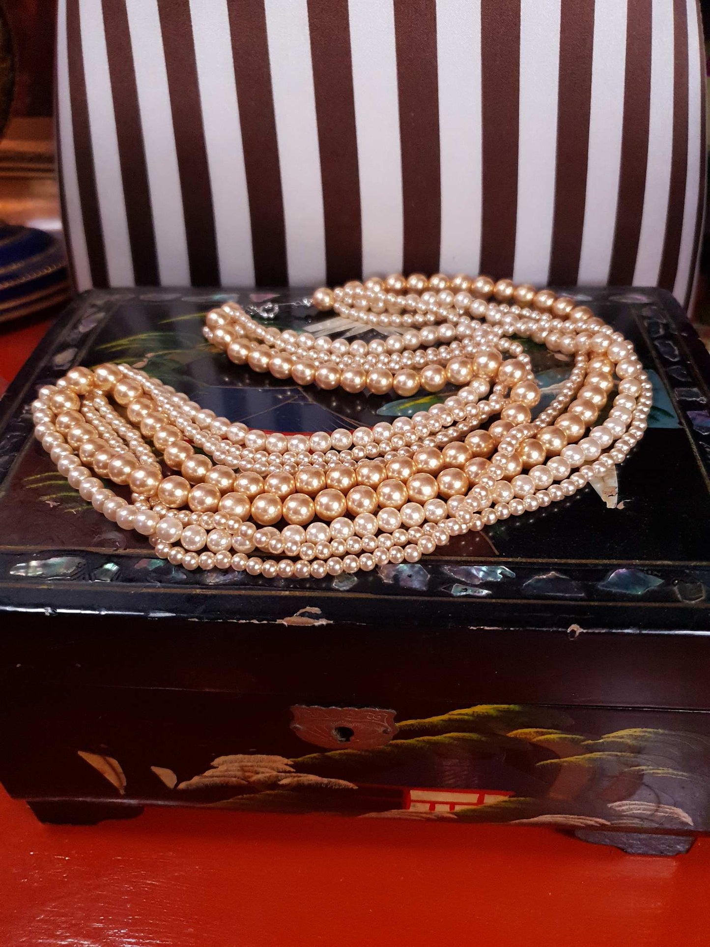 Vintage 1970s Faux Pearl Necklace 24" Peach Four Strand Pearls