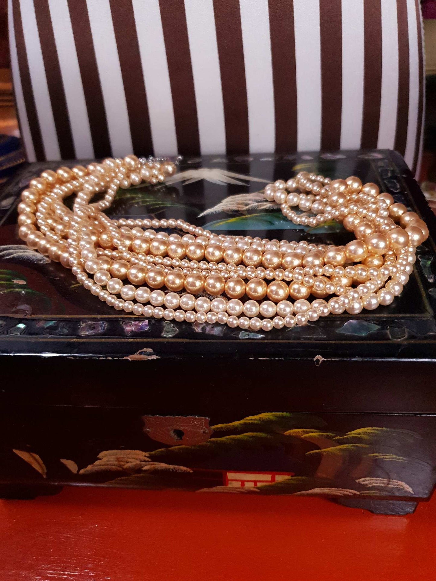 Vintage 1970s Faux Pearl Necklace 24" Peach Four Strand Pearls