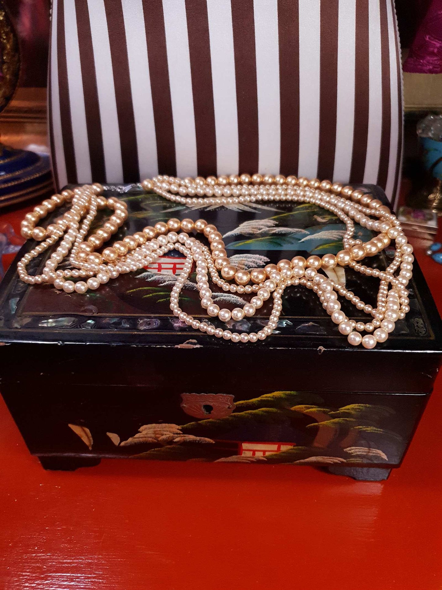 Vintage 1970s Faux Pearl Necklace 24" Peach Four Strand Pearls